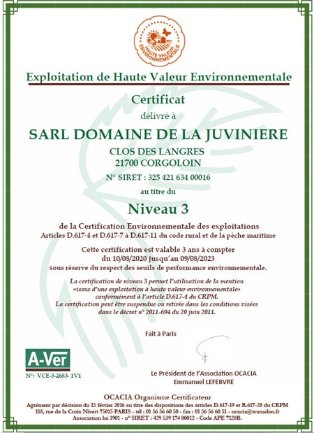 Certification HVE niveau 3 pour le Domaine d'Ardhuy
